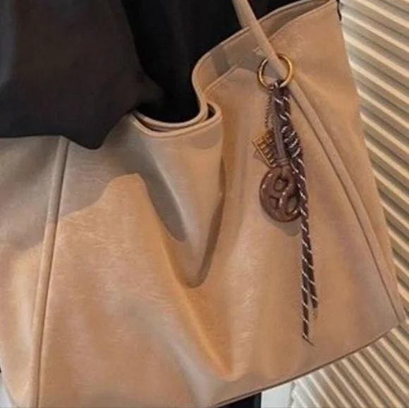 Classic Tan Faux Suede Leather Tote Bag - Elegant Everyday 18"x11"Shoulder Bag - Picture 3 of 4